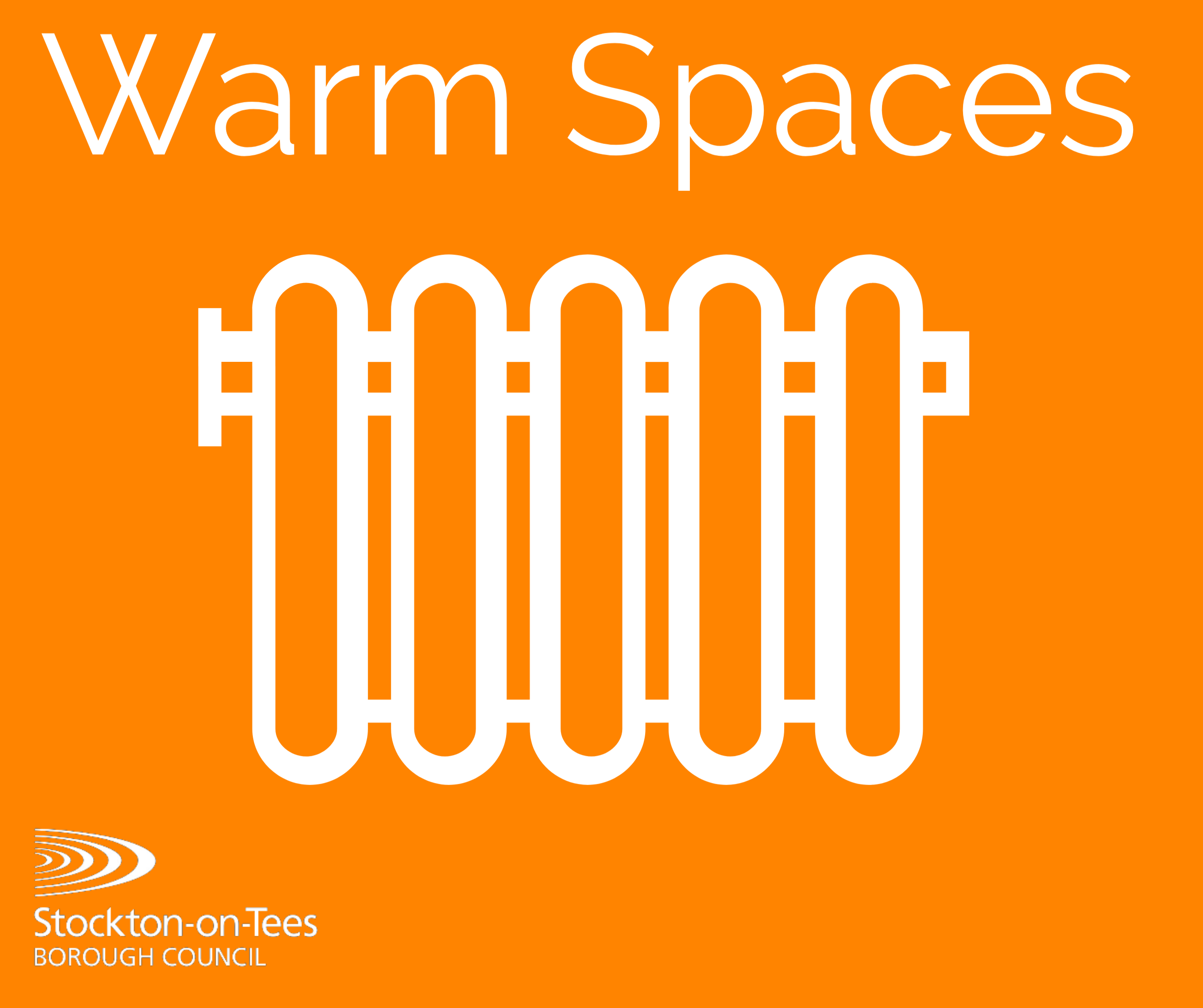 An orange background with a white emblem of a radiator and the words: Warm Spaces.