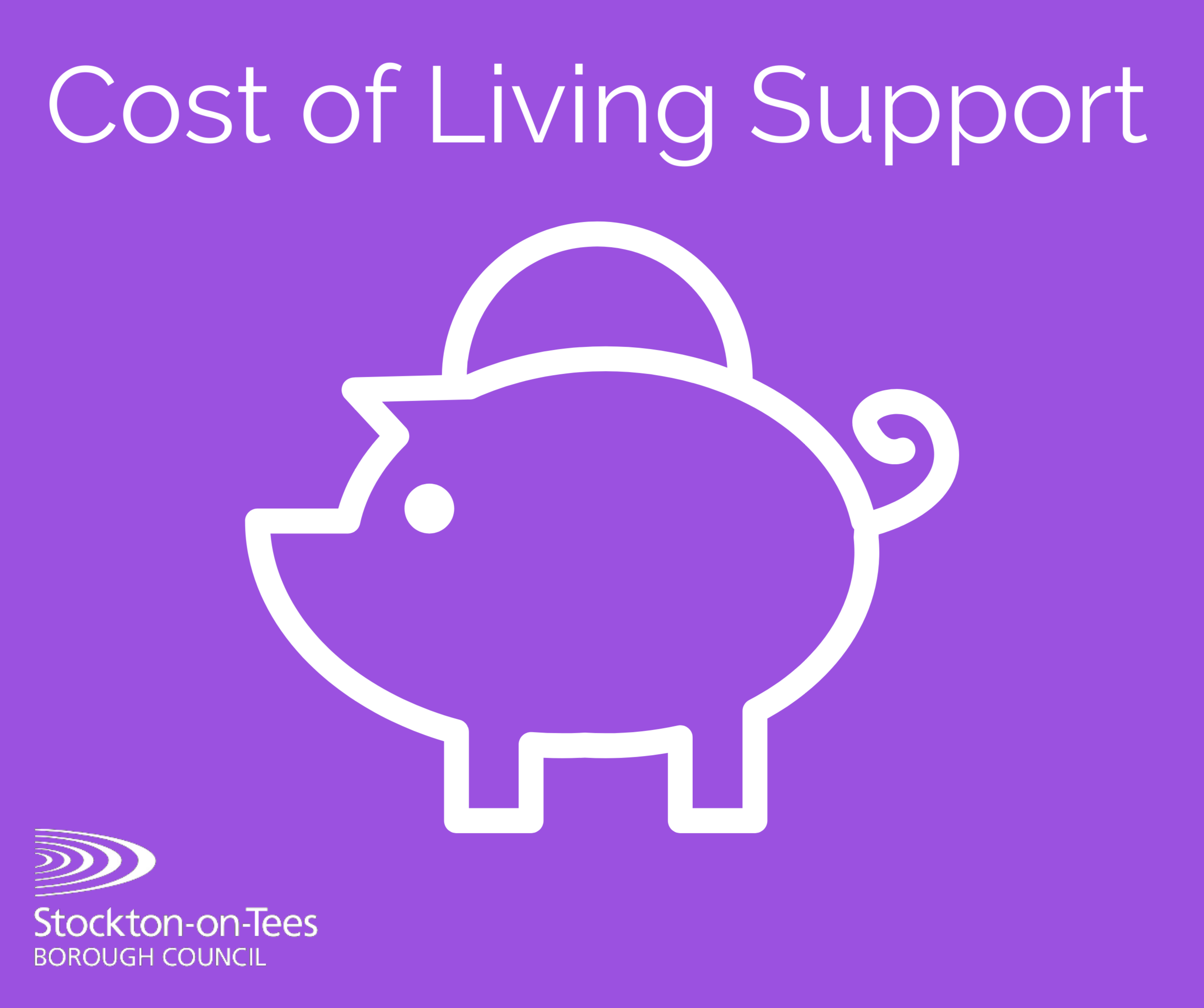 A purple background with a white image of a piggy bank and the words: Cost of Living Support