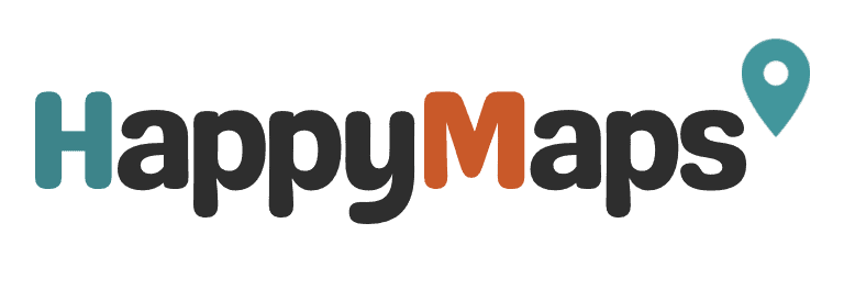 The logo for Happy Maps: HappyMaps written out in black, with the 'H' in teal, and the 'M' in orange. At the end is a teal map pin.