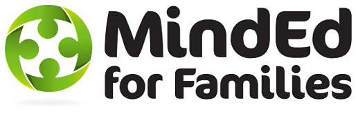 MindEd for Families logo. To th eleft of the text is a four directional arrow in white on a green circle.